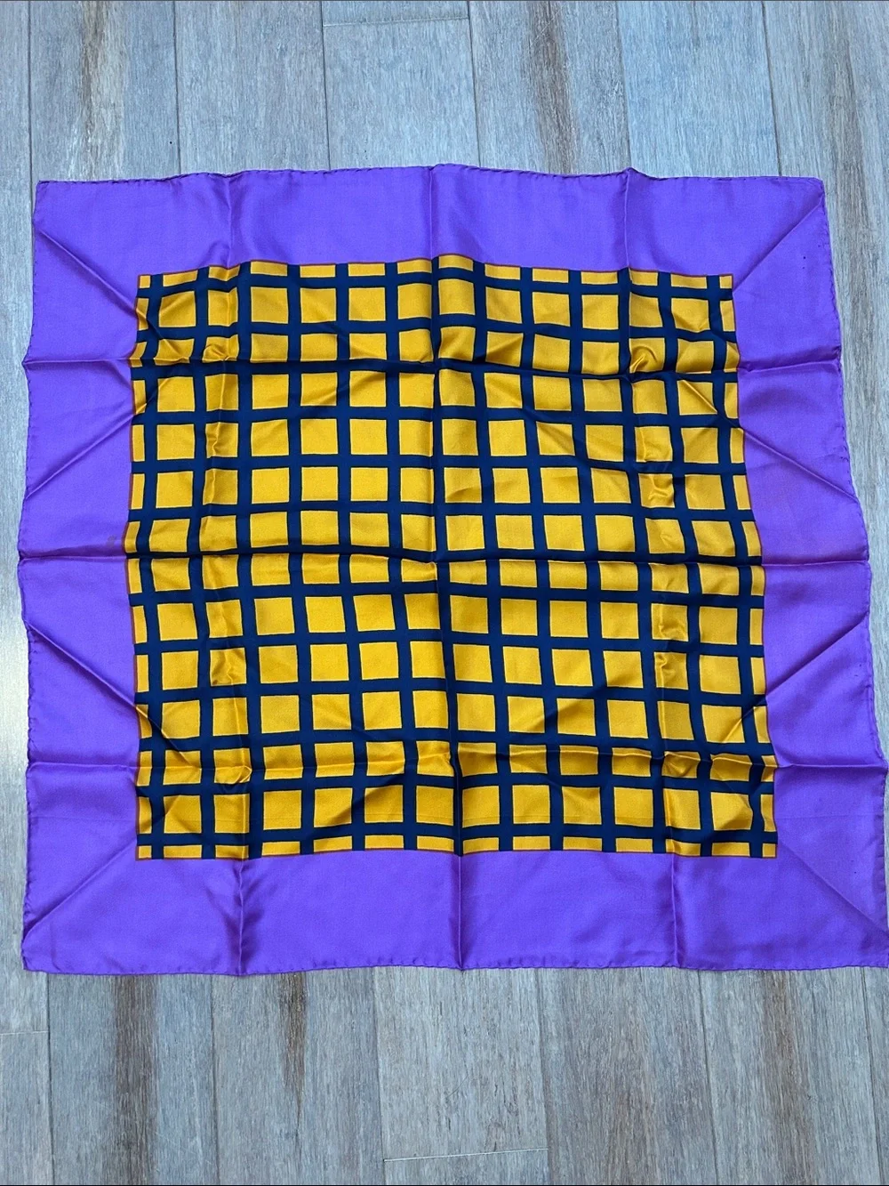 VTG Michel Swiss Purple and Yellow Grid Silk Scarf made in France square